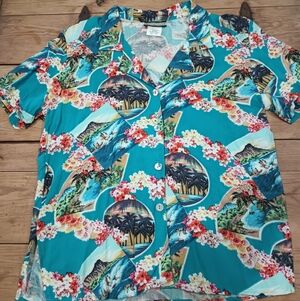 Women's Vintage Palm Tree Turquoise Hawaiian Shirt Size L Beach Boho